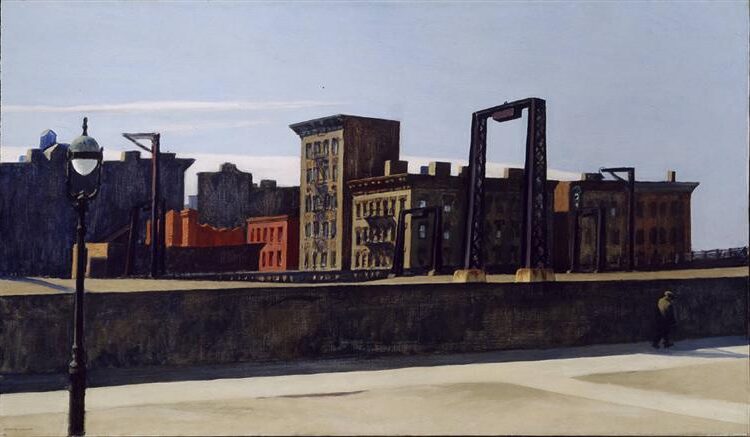 Manhattan Bridge Loop (1928) by Edward Hopper captures the quiet solitude of urban life, a recurring theme in his work.