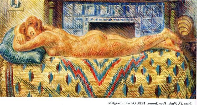 Nude, Four Senses, 1929, by John Sloan reflects an exploration of sensual perception and the human form.