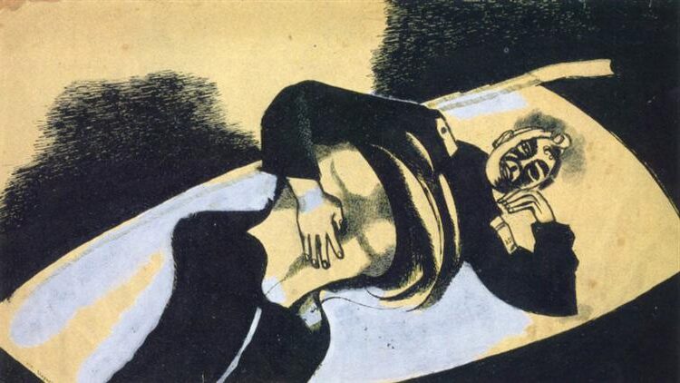 On the Stretcher (Wounded Soldier), 1914 – Marc Chagall reflects the impact of war and human suffering.