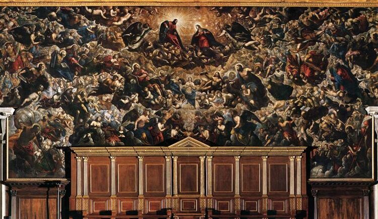 Paradise (c.1592) reflects a grand and celestial vision of the heavenly realm, densely packed with figures ascending in divine ecstasy