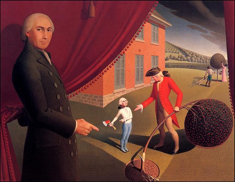 Parson Weems' Fable (1939) reflects a theatrical retelling of the story of young George Washington cutting down a cherry tree