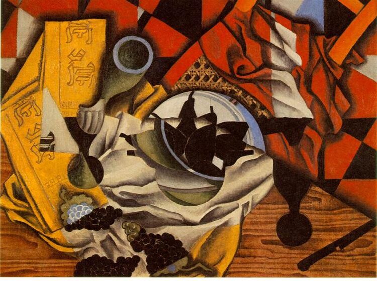 Pears and Grapes on a Table (1913) reflects a Synthetic Cubist still life, featuring pears and grapes arranged on a table