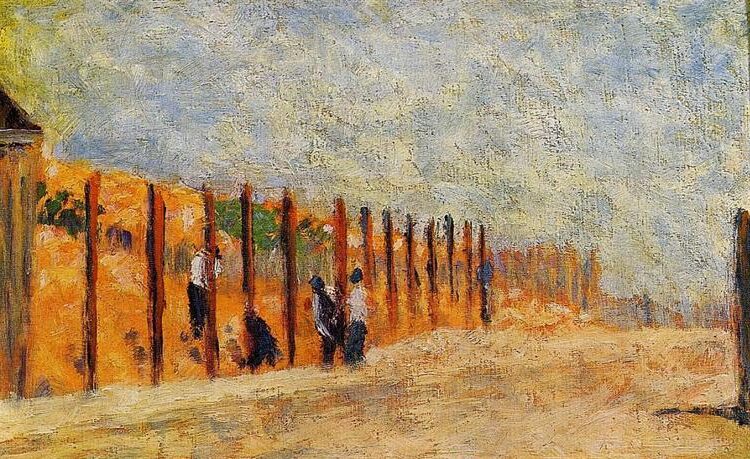Peasants Driving Stakes (1882) by Georges Seurat reflects a study of labor and rhythm