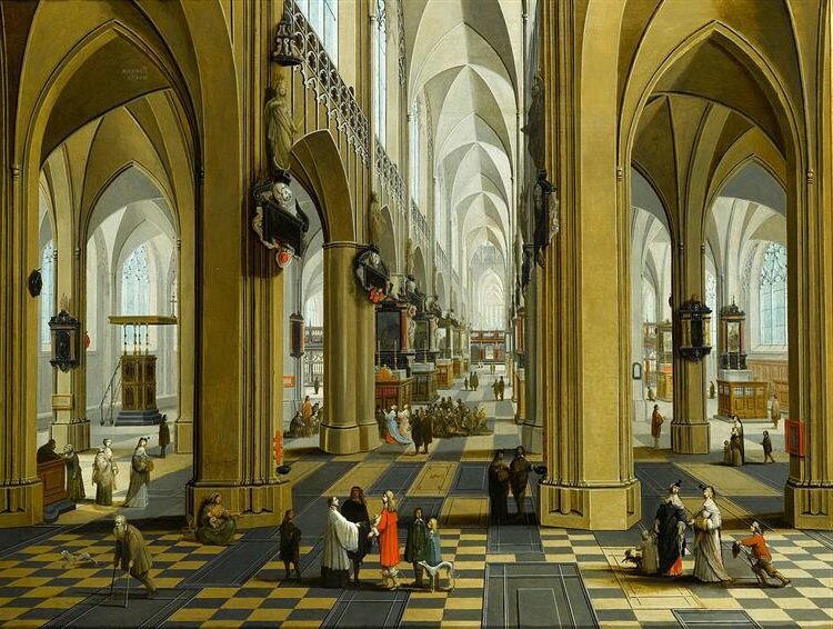 A Church Interior (circa 1600) reflects the grandeur and intricacy of a Flemish church interior, with religious and architectural details