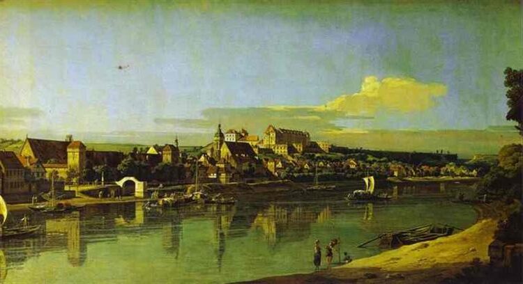 Pirna Seen from the Right Bank of the Elbe (c. 1750) by Bernardo Bellotto reflects the artist’s ability to depict cityscapes