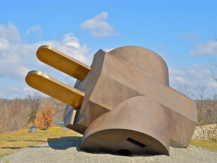 Plug (1970) by Claes Oldenburg reflects a striking, oversized sculpture of an electrical plug, made from painted metal