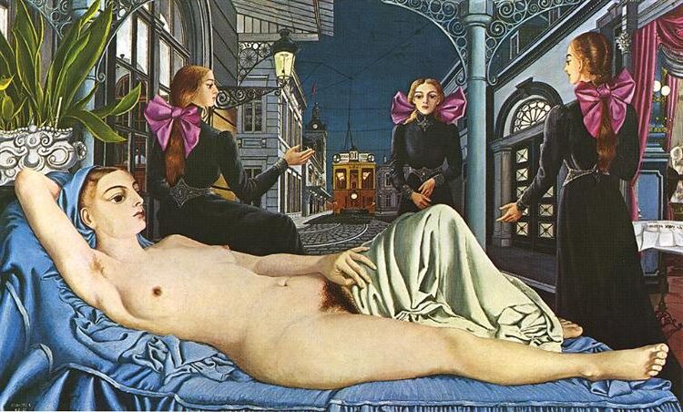 Popular Cry (1948) by Paul Delvaux reflects an eerie and surreal atmosphere.