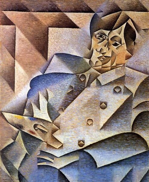The Portrait of Pablo Picasso (1912) by Juan Gris reflects a Cubist portrayal of the artist Pablo Picasso using fragmented geometric forms