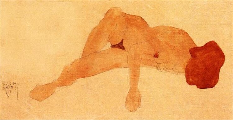 Reclining Female Nude (1908) by Egon Schiele showcases his early exploration of the human form.