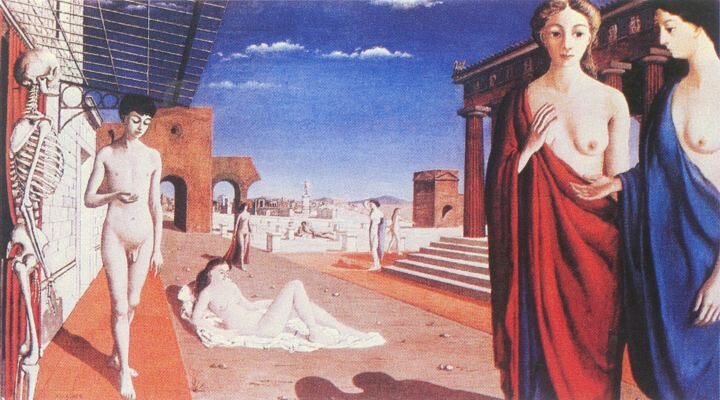 Red City (1944) by Paul Delvaux reflects a dreamlike and surreal atmosphere.
