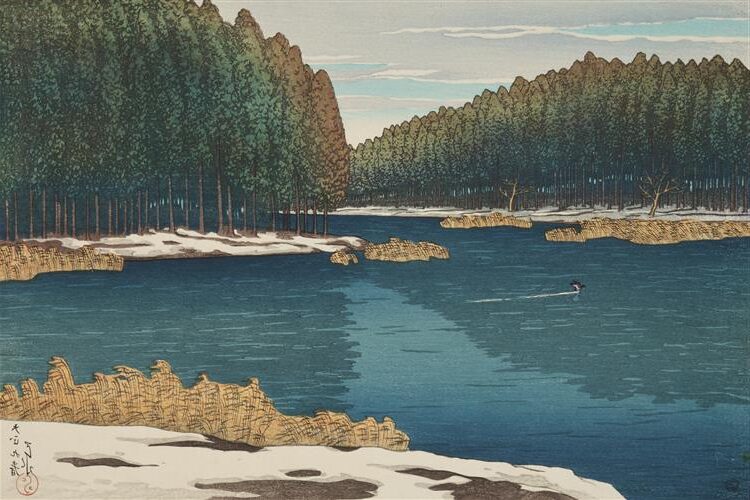 Remaining Snow at Inokashira (1920) reflects a winter scene in the Inokashira Park, Japan, with patches of snow on the ground
