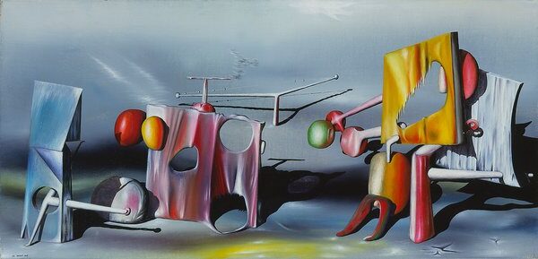 Reply to Red (1943) by Yves Tanguy reflects a dreamlike, surreal landscape with fluid, organic shapes and an ethereal atmosphere.