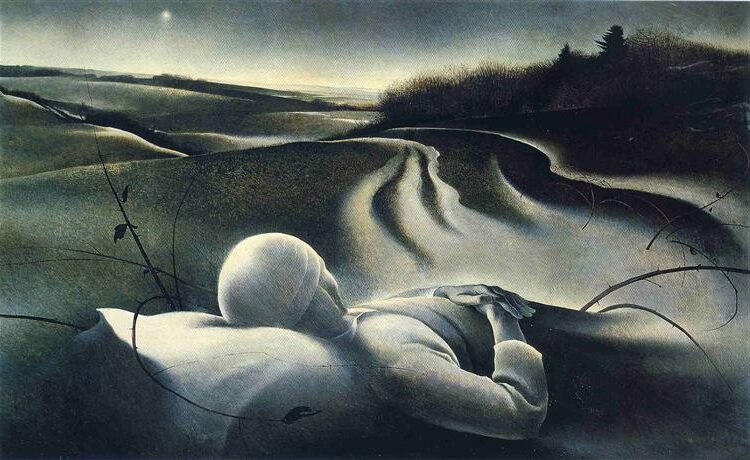 Rest in Peace by Andrew Wyeth reflects Wyeth’s signature exploration of solitude, mortality, and the passage of time.