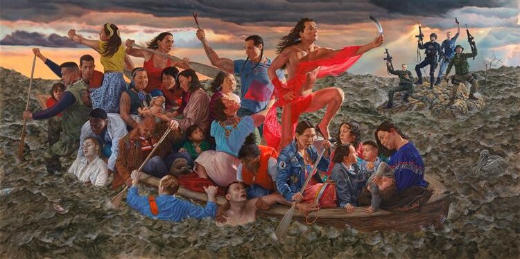 Resurgence of the People (2019) reflects cultural resurgence, showcasing Indigenous figures in vibrant, dynamic forms