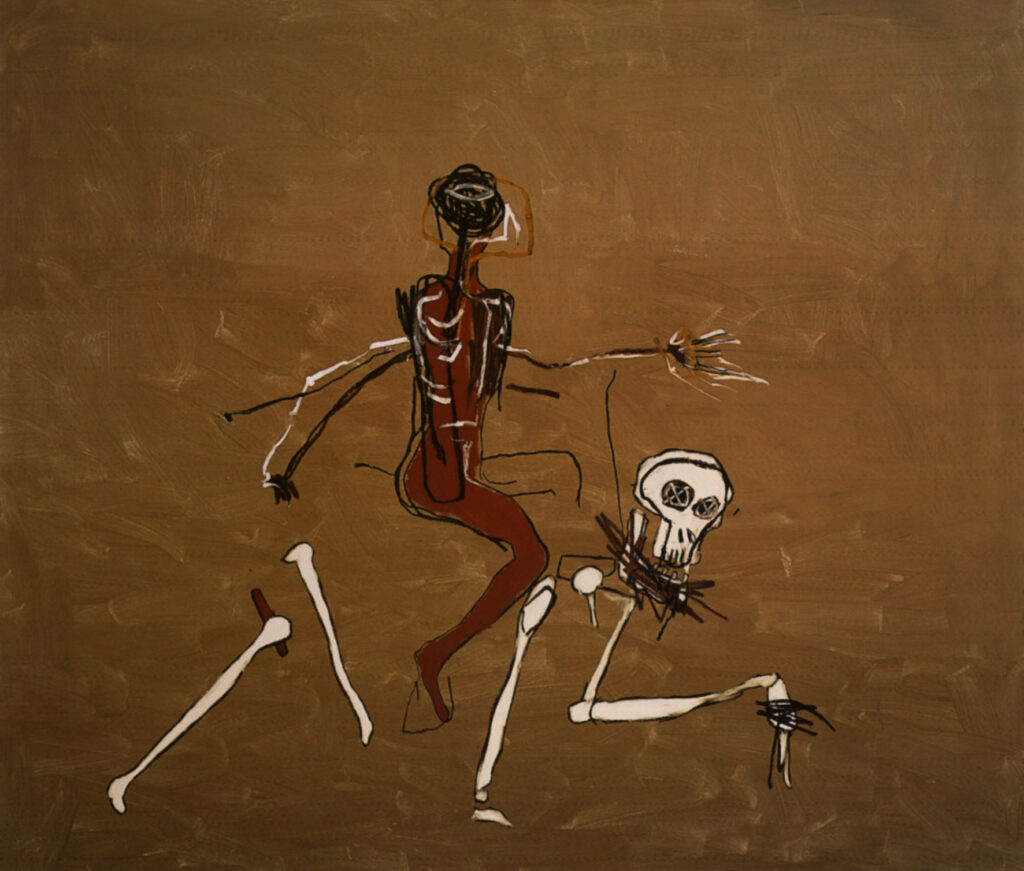Riding with Death, 1988 by Jean-Michel Basquiat reflects themes of mortality, race, and the human condition.