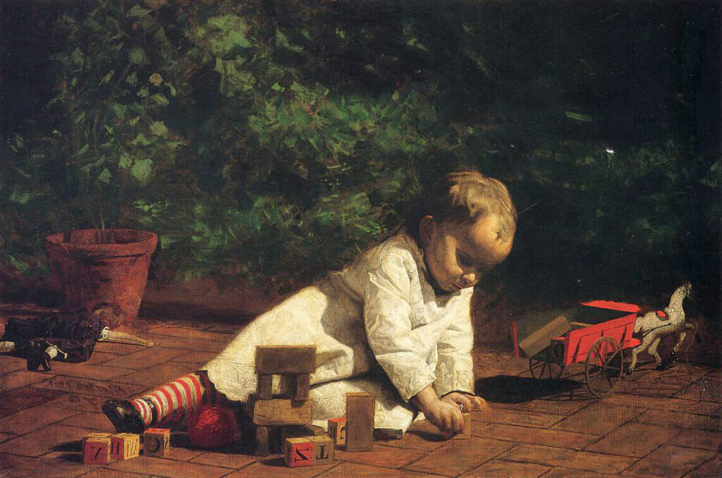 Baby at Play, 1876, by Thomas Eakins reflects the artist’s keen interest in capturing everyday moments with a sense of realism and intimacy.
