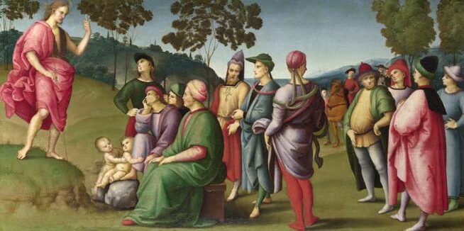 Saint John the Baptist Preaching by Raphael Sanzio, 1505 reflects the power of divine prophecy, spiritual enlightenment, and the call for repentance.