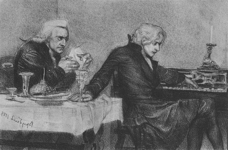 Salieri Pours Poison into Mozart's Glass, 1884, by Mikhail Vrubel  reflects the tension between genius and envy.