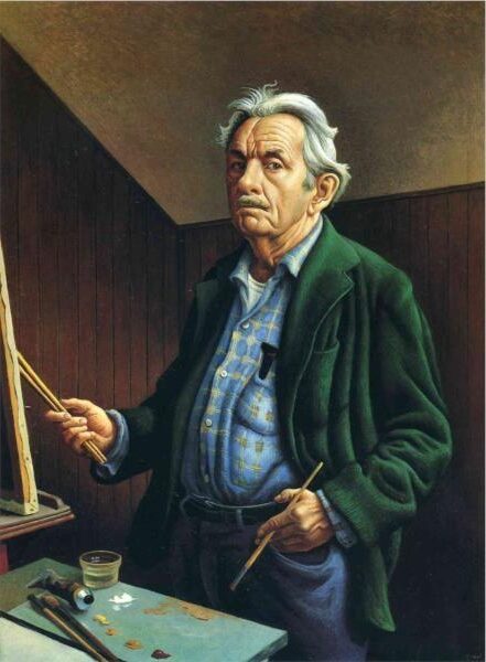 Self-Portrait (1970) by Thomas Hart Benton reflects the artist’s later years, depicting him holding painting brushes with a confident yet introspective gaze