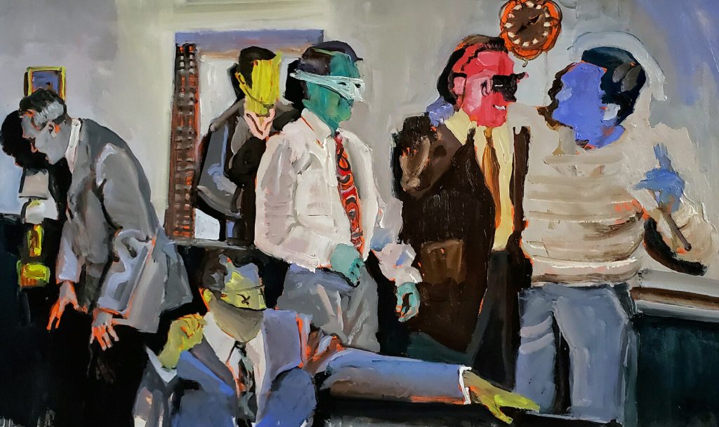 ​Pensionierungn Party Mit Deutsche Männer, 2019 reflects the complexities of retirement and masculinity through expressive, abstract forms.