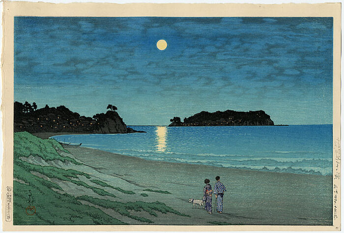 Shichirigahama, Soshu (1930) reflects a tranquil coastal scene in Japan,with soft ocean waves lapping against the shore 