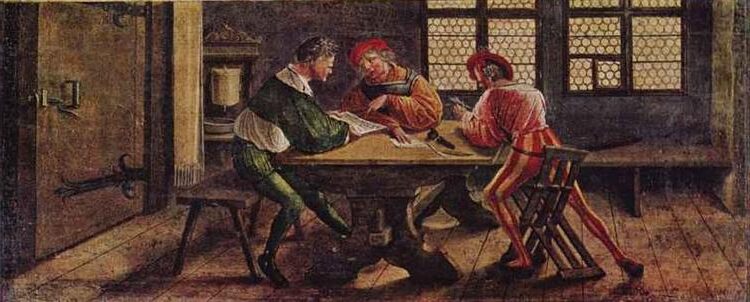 Signboard for a Schoolmaster (1516) by Hans Holbein the Younger reflects themes of education and literacy.