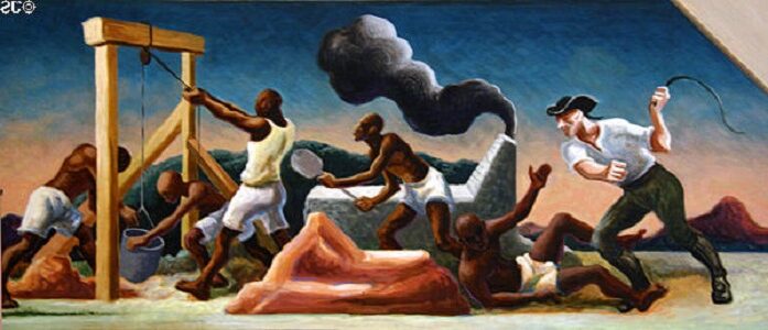 A Social History of the State of Missouri (detail) - Slaves Used for Lead Mining, 1936 serves as a stark reminder of the state's economic reliance on slavery.