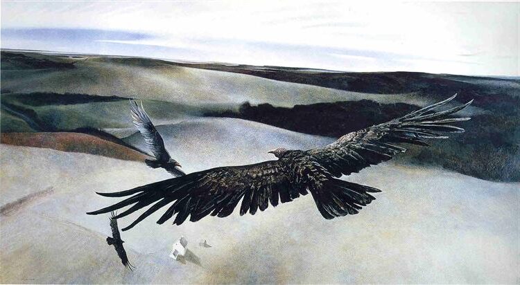Soaring by Andrew Wyeth captures a striking perspective of vultures gliding over an expansive rural landscape.