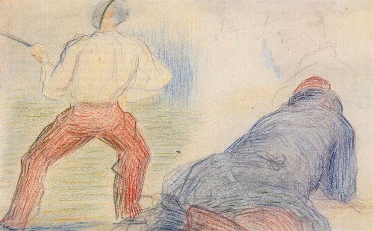 Soldier Fencing, Another Reclining (1880) reflects a study in movement and repose.