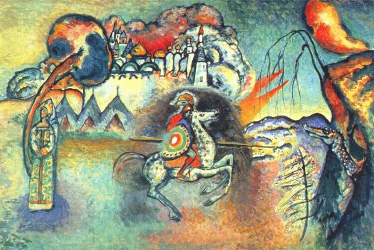 St. George and the Dragon, c.1915 reflects Kandinsky’s transition from figurative to abstract art while maintaining symbolic storytelling.