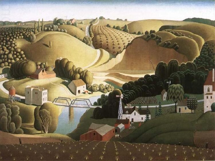Stone City, Iowa (1930) reflects a panoramic view of the rolling landscape and limestone quarries of Stone City, Iowa