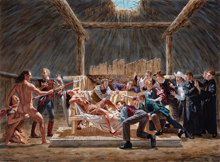 Study for The Examination (2020) by Kent Monkman reflects an Indigenous figure being scrutinized by colonial authorities