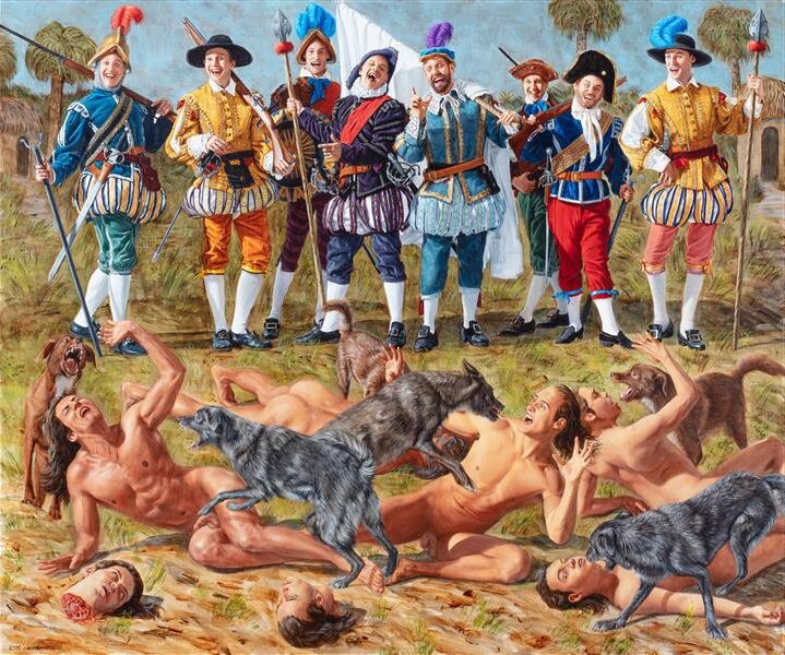 Study for Throwing Sodomites to the Dogs (2020) reflects the clash between Indigenous identities and colonial violence
