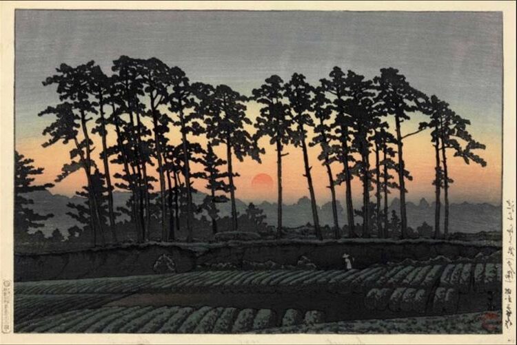 Sunset at Ichinokura (1928) by Hasui Kawase reflects a breathtaking view of a Japanese landscape at dusk