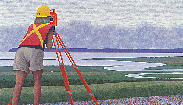 Surveyor (2001) reflects a vast landscape with a woman, dressed in a red and yellow high-visibility vest and helmet using a theodolite