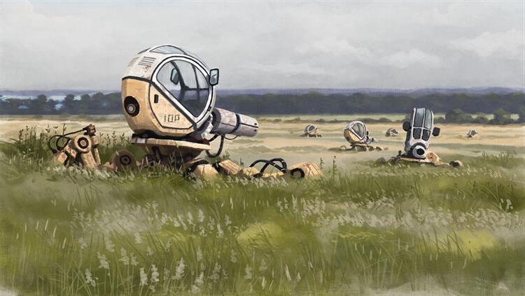 Tales from the Loop (2014) by Simon Stålenhag reflects a futuristic landscape where technology and nature merge in an eerie, quiet setting