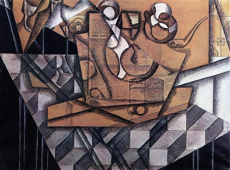 Tea Cups (1914) reflects a Synthetic Cubist still life featuring a series of tea cups, fragmented and reassembled into geometric shapes