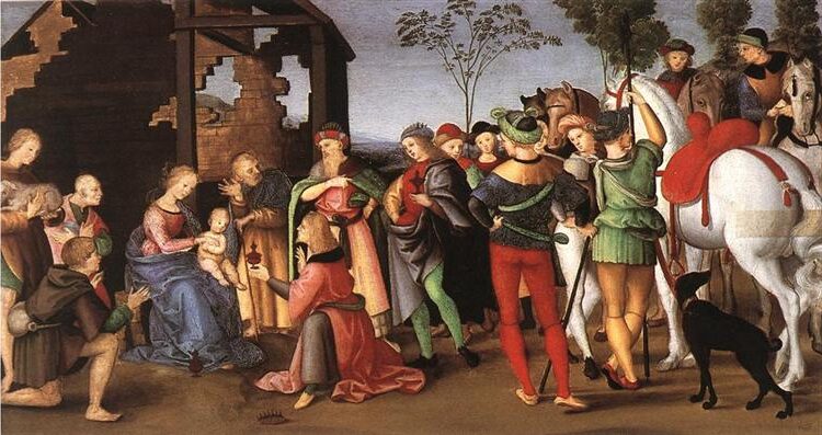 The Adoration of the Magi by Raphael Sanzio, 1502 - 1503 reflects the reverence and devotion surrounding the birth of Christ.
