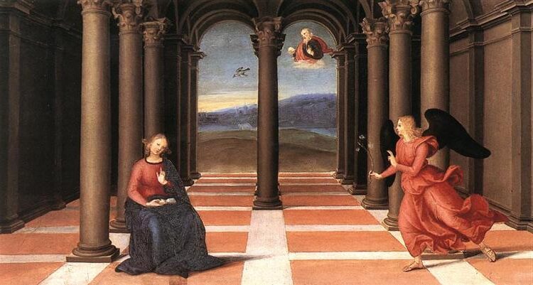 The Annunciation by Raphael Sanzio, 1502 - 1503 reflects themes of divine intervention, purity, and the fulfillment of prophecy.
