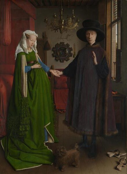 The Arnolfini Wedding (1434) by Jan van Eyck reflects themes of marriage, wealth, and symbolism. 