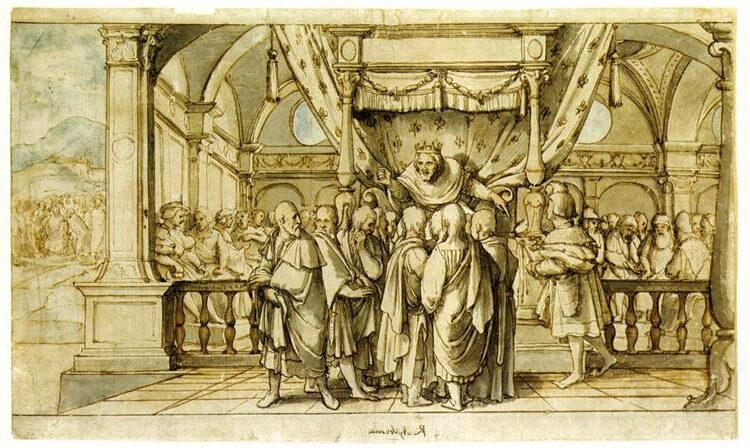 The Arrogance of Rehoboam (1530) by Hans Holbein the Younger reflects themes of power and folly.