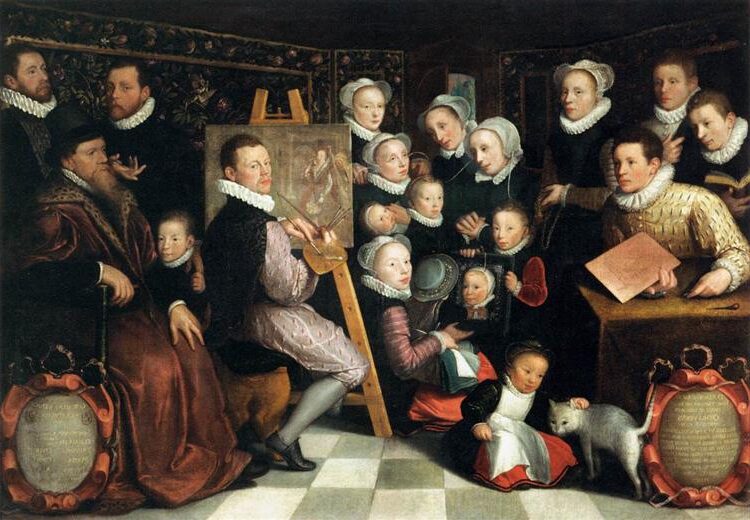 The Artist Painting, Surrounded by His Family (1584) reflects an intimate portrayal of the artist at work, surrounded by his family