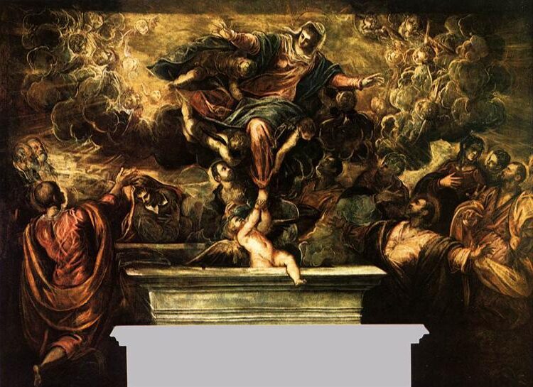 The Assumption of the Virgin (1582–1594) reflects the Virgin Mary’s ascent to heaven, surrounded by angels and apostles
