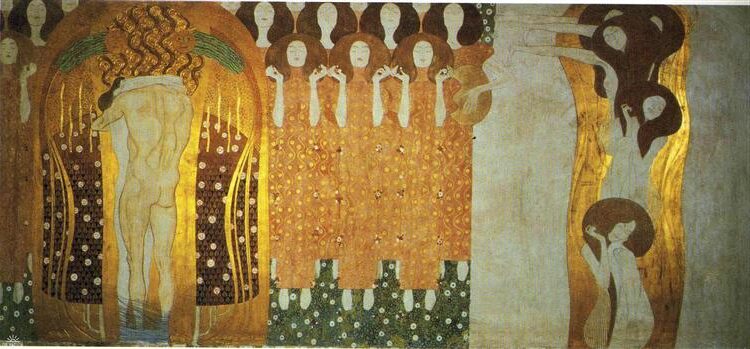 The Beethoven Frieze: The Longing for Happiness Finds Repose in Poetry, Right Wall (1902) reflects a symbolic resolution of humanity’s struggle