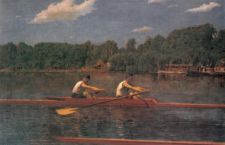 The Biglin Brothers Racing, 1873, by Thomas Eakins reflects his deep interest in athleticism, motion, and precise anatomical study.
