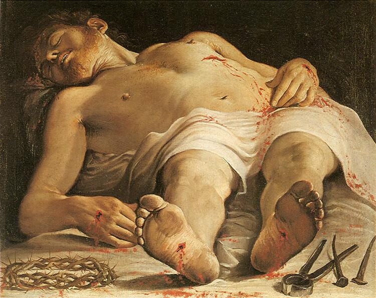 Corpse of Christ (c. 1583–1585) by Annibale Carracci reflects a poignant and serene depiction of Christ’s body after the crucifixion