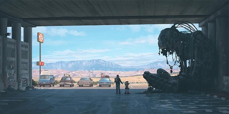 The Electric State (2017) by Simon Stålenhag reflects a lone girl and her robot companion traveling through a desolate landscape