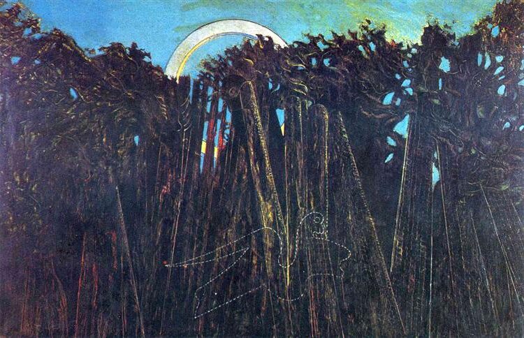 The Embalmed Forest (1933) by Max Ernst reflects a mysterious, dreamlike landscape where organic and inorganic forms blend.