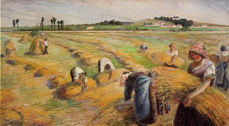 The Harvest (1882) captures the essence of rural life, a recurring theme in Pissarro’s work.
