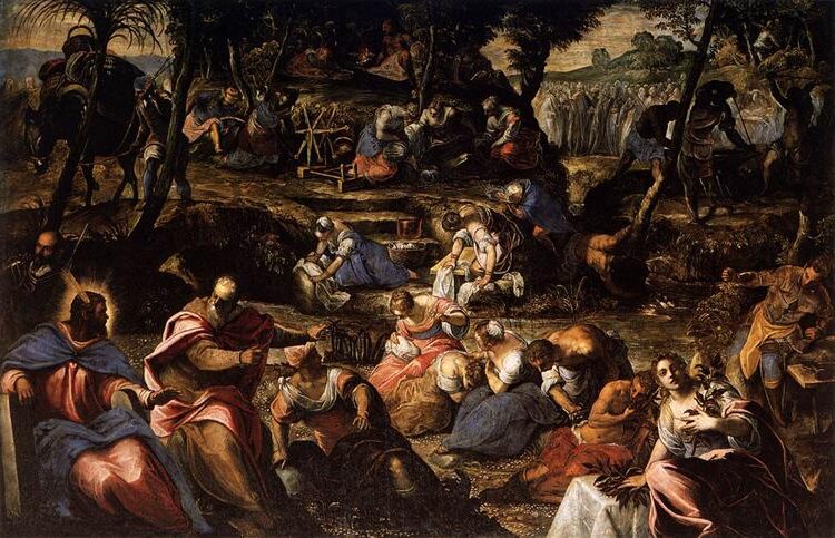 The Jews in the Desert (c.1593) reflects the biblical scene of the Israelites wandering the desert, receiving manna from heaven